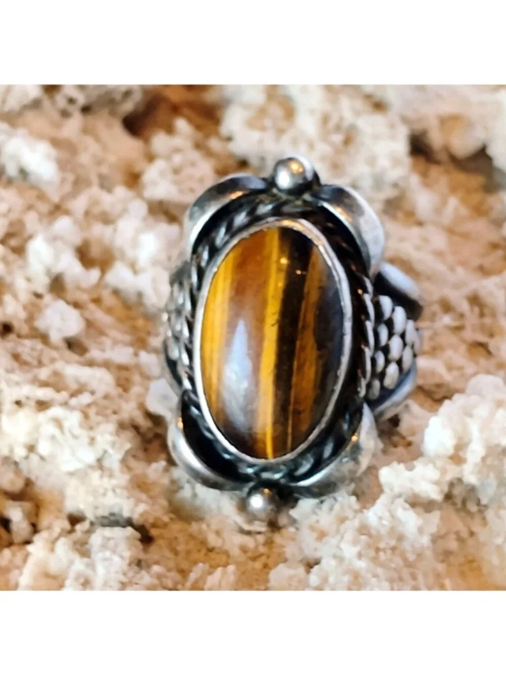 Vtg Signed F.A.A. Sterling Silver Tiger's Eye Ring Size 12 Mens Unisex Statement